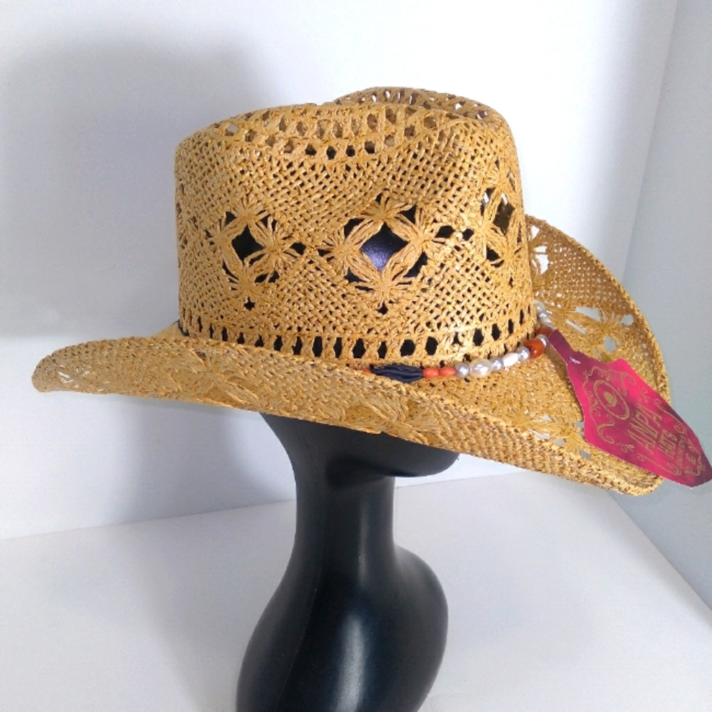 ANPA LIVING THE STYLE Gold Flake Bohemian Bead Band Cowgirl Hat 100% Handmade - Picture 5 of 10